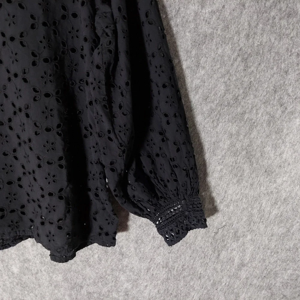Anthropologie Women Blouse M Black Festival Eyelet Balloon Sleeve Crochet Tunic